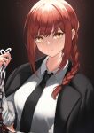  1girl absurdres blazer braid chain chainsaw_man collared_shirt hair_over_shoulder highres holding holding_chain jacket jacket_on_shoulders light_smile long_hair looking_at_viewer makima_(chainsaw_man) necktie potemaka redhead ringed_eyes shirt smile solo upper_body yellow_eyes 