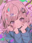  1girl blush closed_mouth danganronpa_(series) danganronpa_2:_goodbye_despair galaga green_jacket hair_ornament hairclip hands_up heart highres jacket long_sleeves medium_hair nanami_chiaki pink_eyes pink_hair smile solo urami0310 