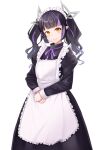  1girl absurdres alternate_costume apron black_dress black_hair blunt_bangs blush breasts closed_mouth commentary_request demon_girl demon_horns dress enmaided feet_out_of_frame frilled_apron frills head_tilt highres horns juliet_sleeves kojo_anna long_hair long_sleeves looking_at_viewer maid maid_apron maid_headdress medium_bangs multicolored_hair nanashi_inc. neck_ribbon own_hands_together pointy_ears puffy_sleeves purple_hair purple_ribbon ribbon robou_no_stone simple_background small_breasts smile solo transparent_background twintails two-tone_hair virtual_youtuber white_apron yellow_eyes 
