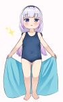  1girl blue_one-piece_swimsuit blunt_bangs blush collarbone covered_navel crybabyglo flat_chest full_body gradient_hair hairband highres kanna_kamui kobayashi-san_chi_no_maidragon light_purple_hair low_twintails multicolored_hair one-piece_swimsuit parted_lips simple_background slit_pupils solo swimsuit towel twintails 