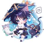  1boy :3 :d amimia_zaxtuta animal animal_ears animal_on_head artist_name bird bird_on_head black_cat black_shorts blue_cape blue_eyes blue_headwear blue_ribbon blush bridal_gauntlets cape cat cat_boy cat_ears cat_tail chibi commentary_request fang genshin_impact gold_trim grey_cat hakama hakama_shorts hat highres holding holding_animal holding_cat jacket japanese_clothes jingasa looking_at_viewer male_focus on_head open_mouth parted_bangs purple_hair ribbon scaramouche_(genshin_impact) seelie_(genshin_impact) short_hair short_sleeves shorts sidelocks simple_background skin_fang smile sparkle speech_bubble tail v-shaped_eyebrows violet_eyes wanderer_(genshin_impact) white_background white_cat white_jacket 