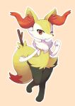  1girl :3 absurdres animal_ear_fluff animal_ears animal_feet animal_hands animal_nose black_fur body_fur braixen closed_mouth commentary flat_chest fox_ears fox_girl fox_tail full_body furry furry_female hand_up happy highres knees_together_feet_apart leg_up legs looking_at_viewer mochizuki_reiji multicolored_fur neck_fur one_eye_closed orange_background outline pawpads pokemon pokemon_(creature) red_eyes simple_background smile snout solo standing standing_on_one_leg stick tail waving white_fur white_outline yellow_fur 