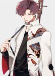  1boy :p absurdres arm_at_side belt black_belt black_pants black_shirt buckle buttons collarbone collared_jacket cowboy_shot earrings fate/grand_order fate_(series) highres instrument_on_back jacket jewelry long_sleeves looking_at_viewer male_focus open_clothes open_jacket pants parted_bangs red_eyes redhead shirt short_hair solo takasugi_shinsaku_(fate) takasugi_shinsaku_(first_ascension)_(fate) tongue tongue_out white_jacket yuu_2111 