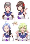  5girls :d :t =3 ^_^ ahoge alternate_hair_length alternate_hairstyle arm_at_side arms_at_sides assault_lily bare_shoulders black_gloves blonde_hair blue_hair blue_sailor_collar blunt_bangs blush breasts brown_hair chibi chibi_inset closed_eyes closed_mouth commentary cropped_torso detached_collar detached_sleeves facing_viewer fujita_asagao gloves green_hair grey_hair hair_ornament hair_ribbon hairclip hand_up hands_up highres holding holding_hair holding_scissors horns igusa_subaru imamura_yukari_(assault_lily) kawabata_hotaru kozue_west long_hair looking_at_viewer low_twintails mechanical_horns medium_breasts multiple_girls neckerchief nigari_(ngari_0115) nose_blush odaiba_girls_high_school_uniform open_hand open_mouth parted_bangs pout purple_neckerchief red_eyes red_horns red_ribbon ribbon sailor_collar school_uniform scissors serafuku shirt short_hair short_sleeves short_twintails simple_background sleeveless sleeveless_shirt smile sweatdrop symbol-only_commentary teeth twintails upper_teeth_only v-shaped_eyebrows violet_eyes white_background white_shirt wide_sleeves 