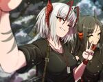  2girls alternate_costume annoyed antenna_hair arknights arm_tattoo black_hair black_shirt blurry breasts closed_mouth commentary demon_horns depth_of_field dog_tags english_commentary grey_hair grin highres horns ines_(arknights) jewelry long_hair looking_at_viewer medium_breasts multicolored_hair multiple_girls necklace outdoors parted_bangs red_eyes redhead samacho selfie shirt short_hair slit_pupils smile snowing t-shirt tattoo turtleneck two-tone_hair upper_body v v-shaped_eyebrows w_(arknights) wristband yellow_eyes 