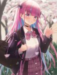  1girl absurdres bag blazer blurry blurry_background blush bow bowtie braid cherry_blossoms choker collared_shirt colored_inner_hair commentary crown_braid day grin hair_bow hair_ornament hairclip highres hololive jacket jewelry long_sleeves looking_at_viewer minato_aqua multicolored_hair necklace o-ring o-ring_choker outdoors plaid plaid_bow plaid_bowtie plaid_skirt potemaka school_bag school_uniform shirt skirt sky smile solo streaked_hair two-tone_hair two_side_up violet_eyes virtual_youtuber waving 