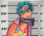  1boy barbie_(franchise) barbie_(live_action) barbie_mugshot_(meme) boku_no_hero_academia commentary earrings english_commentary fingernails freckles green_eyes green_hair habkart height_mark highres holding holding_sign jewelry looking_at_viewer male_focus meme midoriya_izuku mugshot multicolored_clothes multicolored_headwear multicolored_shirt open_mouth scar scar_on_arm scar_on_hand short_hair sign smile solo teeth upper_body 
