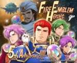  4boys blue_armor brown_hair closed_eyes commentary_request copyright_name feh_(fire_emblem_heroes) fehnix fire_emblem fire_emblem:_mystery_of_the_emblem fire_emblem_heroes green_armor green_eyes green_hair hardin_(fire_emblem) holding_orb looking_at_viewer multiple_boys orange_armor purple_armor purple_hair red_eyes redhead roshea_(fire_emblem) sedgar_(fire_emblem) turban vyland_(fire_emblem) wolf_(fire_emblem) yamada_koutarou 