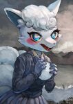  1girl :3 absurdres alolan_vulpix animal_ears animal_nose artist_name black_sweater blue_bow blue_bowtie blue_eyes blue_fur blush body_fur bow bowtie bright_pupils clouds cloudy_sky commentary_request day fangs flat_chest fox_ears fox_girl fox_tail furry furry_female grey_skirt grey_sky happy highres holding holding_snowball looking_at_viewer open_mouth outdoors pepper_gecko72 personification pleated_skirt pokemon pokemon_(creature) shirt_tucked_in short_hair signature skirt sky smile snout snow snowball solo standing sweater tail tongue twitter_username two-tone_fur upper_body white_fur white_hair white_pupils 