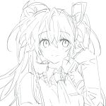  1girl blush closed_mouth detached_sleeves frilled_shirt_collar frills hair_ribbon hatsune_miku headphones headset highres long_hair looking_at_viewer microphone necktie remsrar ribbon sidelocks sketch smile solo twintails upper_body very_long_hair vocaloid 