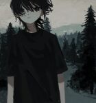  1girl black_shirt closed_mouth clouds cloudy_sky expressionless forest grey_sky highres hill looking_at_viewer nature original outdoors pine_tree shirt short_sleeves sky solo tree upper_body uzmaki_tamago 