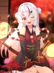  1girl :3 autumn autumn_leaves bell blurry blurry_foreground blush detached_sleeves double_bun dress falling_petals gradient_hair hair_bell hair_bun hair_ornament hands_on_own_thighs highres hololive horns japanese_clothes long_hair long_sleeves multicolored_hair nakiri_ayame obi open_mouth petals red_eyes redhead rope sash shimenawa sitting skin-covered_horns sleeveless sleeveless_dress smile socks solo streaked_hair sword two-tone_hair two_side_up very_long_hair wariza weapon white_hair yossie_slime 