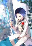  1boy absurdres amin_(aminblue) aoyagi_touya ascot bird bird_on_hand blue_flower blue_hair blue_rose closed_mouth collared_shirt dark_blue_hair feet_out_of_frame fingernails flower grey_eyes highres junpaku_no_anata_e_chikai_no_uta_o!_(project_sekai) long_sleeves male_focus mole mole_under_eye multicolored_hair official_alternate_costume official_alternate_hairstyle pants parted_hair project_sekai red_flower red_rose rose shirt short_hair sitting solo split-color_hair two-tone_hair white_pants 