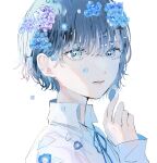  1girl blue_eyes blue_flower blue_ribbon blue_theme collared_shirt commentary flower flower_request hagimorijia hair_behind_ear hair_between_eyes hair_flower hair_ornament hand_up highres light_particles long_sleeves looking_at_viewer neck_ribbon original parted_lips petals purple_flower ribbon shade shirt short_hair simple_background solo upper_body white_background white_shirt 