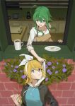  2girls ahoge apron black_jacket blonde_hair blue_shirt blurry blurry_background bow bow_hairband brick_wall cabinet commentary cooking_pot counter cup drawstring eating english_commentary flower food food_theft grabbing green_eyes green_hair gumi hair_bow hairband highres holding holding_food hood_grab jacket kagamine_rin kitchen multiple_girls open_mouth plate purple_flower sandwich shirt short_hair_with_long_locks sidelocks sink toaster upper_body vocaloid white_bow white_shirt window windowsill wounds404 