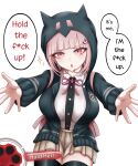  1girl :d :o backpack bag black_jacket black_shirt black_thighhighs breasts brown_skirt danganronpa_(series) danganronpa_2:_goodbye_despair dress_shirt english_text galaga gon_(congchuabuoito) hair_ornament highres hood hood_up hooded_jacket incoming_hug jacket large_breasts miniskirt nanami_chiaki outstretched_arms pink_bag pink_eyes pleated_skirt shirt shirt_tucked_in simple_background skirt smile solo sparkle speech_bubble thigh-highs two-tone_shirt white_background white_shirt 