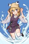  1girl absurdres animal_print black_footwear blonde_hair blue_background blue_eyes brown_headwear commentary frog_print full_body hands_on_headwear highres long_sleeves looking_at_viewer medium_hair moriya_suwako neritch purple_skirt purple_vest shirt sidelocks skirt solo thigh-highs touhou vest water white_shirt white_thighhighs wide_sleeves 