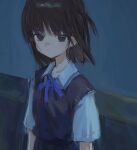  1girl 6nemua blue_background blue_ribbon brown_eyes brown_hair brown_sweater_vest closed_mouth collared_shirt commentary expressionless highres looking_at_viewer neck_ribbon original ribbon shirt shirt_tucked_in short_hair solo sweater_vest symbol-only_commentary upper_body 