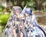  2girls asymmetrical_clothes blonde_hair blurry blurry_background blush breasts chest_tattoo chinese_clothes closed_mouth english_commentary flower fu_hua fu_hua_(herrscher_of_sentience) grey_hair hair_between_eyes hair_flower hair_ornament honkai_(series) honkai_impact_3rd jewelry long_hair looking_at_another melonlee_png meme multicolored_hair multiple_girls navel open_mouth outdoors park parody seele_vollerei_(herrscher_of_rebirth) single_bare_shoulder small_breasts standing streaked_hair sure_grandma_let&#039;s_get_you_to_bed_(meme) tattoo tree upper_body very_long_hair 