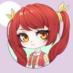  1girl bow brown_eyes chibi circle feiluo hair_bow highres jewelry kumu_zaisheng long_hair looking_at_viewer necklace purple_background redhead shirt smile solo twintails upper_body white_shirt xing_xueyuan yellow_bow 