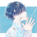  1boy absurdres blue_hair blue_theme collared_shirt commentary flower hagimorijia hair_over_eyes highres light_particles long_sleeves male_focus original shirt short_hair solo steepled_fingers symbol-only_commentary upper_body water_drop white_shirt 