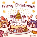  2girls animal_ears antlers arknights black_hair brown_hair bull cake carrot ceobe_(arknights) chef_hat chibi christmas_tree clouds commentary cookie cosplay dog_ears english_commentary facial_mark food forehead_mark hat hibiscus_(arknights) highres horns knife lava_(arknights) long_hair merry_christmas multiple_girls oven_mitts plate ponytail purple_hair rain reindeer_antlers rudolph_the_red_nosed_reindeer rudolph_the_red_nosed_reindeer_(cosplay) saga_(arknights) santa_hat snowman star_(symbol) table turtle twintails twitter_username white_background wittleredd 