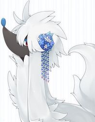  animal_focus blue_flower blue_nose dog flower furfrou highres no_humans no_mouth pokemon pokemon_(creature) red_eyes striped striped_background white_background white_flower white_fur yukichi_(sukiyaki39) 