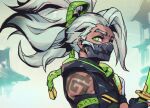  1boy black_gloves earrings fingerless_gloves from_side gloves green_eyes grey_hair holding holding_sword holding_weapon jewelry katana league_of_legends long_hair mask mouth_mask phantom_ix_row ponytail profile shoulder_tattoo solo sword tattoo upper_body weapon 