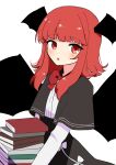  144udy 1girl :o absurdres bat_wings blunt_bangs blush book book_stack carrying commentary_request foul_detective_satori head_wings highres koakuma long_hair looking_at_viewer open_mouth red_eyes redhead simple_background solo touhou white_background wings 
