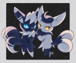  black_background border closed_mouth commentary_request hands_up highres holding_hands kuchiba_(jret2454) meowstic meowstic_(female) meowstic_(male) no_humans pokemon pokemon_(creature) signature smile standing 
