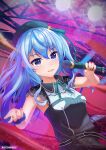  absurdres betonamou blue_eyes blue_hair highres hololive hoshimachi_suisei idol microphone red_background stage stage_lights virtual_youtuber 