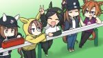  5girls animal_ears arm_up baseball_cap black_hair black_headwear bling blue_eyes brown_hair closed_eyes denim ear_covers ear_ornament ear_piercing ears_through_headwear gold_necklace grass_wonder_(umamusume) hair_between_eyes hair_ornament hairclip hamu_koutarou hat highres holding_radio hood hooded_jacket horse_ears horse_girl horse_racing_track horse_tail jacket jeans jewelry jitome layered_sleeves letterman_jacket long_hair long_sleeves multiple_girls narita_taishin_(umamusume) necklace official_alternate_costume on_grass open_clothes open_jacket orange_hair orange_headwear outdoors pants parted_bangs piercing purple_shirt radio school_emblem shirt shoes short_hair short_over_long_sleeves short_sleeves sidelocks sideways_glance sneakers standing t.m._opera_o_(umamusume) tail umamusume umayuru v violet_eyes white_shirt winning_ticket_(umamusume) yellow_jacket yukino_bijin_(umamusume) 