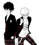  2boys amamiya_ren bonesaw_(artist) glasses grin hair_between_eyes hand_in_pocket jacket looking_at_viewer male_focus multiple_boys open_clothes open_jacket pants persona persona_5 plaid plaid_pants sakamoto_ryuuji school_uniform shirt shuujin_academy_school_uniform simple_background smile spiky_hair thumbs_up 