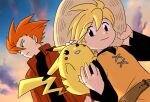  1boy 1girl animal_on_shoulder black_shirt blonde_hair flower hair_between_eyes hat highres jacket kanata_enami lance_(pokemon) official_style open_mouth orange_hair orange_tunic outdoors pikachu pink_flower pokemon pokemon_adventures red_jacket reverse_trap shirt short_hair smile spiky_hair straw_hat yellow_(pokemon) 