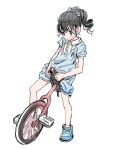  1girl black_eyes black_hair blue_dress blue_footwear blush dress fukuyama_mai full_body highres idolmaster idolmaster_cinderella_girls long_hair ponytail shoes short_sleeves simple_background sketch smile sneakers solo tsurumai_kada unicycle white_background 