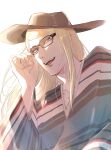  1boy blonde_hair blue_eyes cowboy_hat fate/grand_order fate_(series) hat highres jaguar long_hair looking_at_viewer male_focus orange-tinted_eyewear poncho simple_background smile solo sunglasses tezcatlipoca_(fate) tinted_eyewear upper_body white_background yutsuki_(pixiv40202660) 