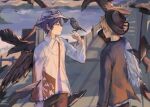  2boys aoyagi_touya bird bird_on_hand black_pants blue_hair closed_mouth collared_shirt commentary cowboy_shot crow dark_blue_hair fedora grey_eyes hat highres juicelooped long_sleeves male_focus multicolored_hair multiple_boys official_alternate_costume orange_hair outdoors pants project_sekai shinonome_akito shirt short_hair signature standing two-tone_hair walk_on_and_on_(project_sekai) 