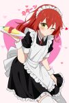  1girl absurdres alternate_costume apron blush bocchi_the_rock! dress enmaided food frilled_apron frilled_dress frills green_eyes heart highres holding holding_plate ketchup kita_ikuyo long_hair looking_at_viewer maid maid_headdress omelet omurice one_eye_closed plate redhead sene_(nboxdrowing) solo thigh-highs wrist_cuffs 