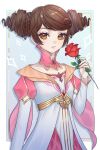  1girl blue_background border brown_hair cone_hair_bun detached_collar double_bun dress flower hair_bun hand_up highres holding holding_flower kumu_zaisheng long_sleeves looking_at_viewer outside_border parted_lips red_flower red_rose rose sen_meixing solo swept_bangs upper_body white_border white_dress xing_xueyuan yellow_eyes 