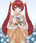  1girl blurry blurry_background bow brown_eyes bush detached_collar dress feiluo flower hair_bow hands_up highres holding holding_flower juliet_sleeves kumu_zaisheng long_hair long_sleeves looking_at_viewer puffy_sleeves redhead rose rose_bush see-through see-through_sleeves smile solo twintails upper_body white_flower white_rose xing_xueyuan yellow_bow yellow_dress 