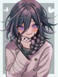  1boy black_hair blush buttons checkered_clothes checkered_scarf danganronpa_(series) danganronpa_v3:_killing_harmony double-breasted flipped_hair grey_background grey_jacket hand_up heart highres jacket long_sleeves male_focus medium_hair oma_kokichi open_mouth pink_eyes scarf smile solo upper_body urami0310 white_background 