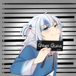  1girl :3 barbie_mugshot_(meme) blue_eyes blue_hair blue_hoodie blue_nails blunt_bangs blush character_name gawr_gura grey_hair hair_ornament height_chart height_mark highres holding holding_sign hololive hololive_english hood hoodie long_hair long_sleeves looking_at_viewer medium_hair meme mittsu mugshot multicolored_hair prison prisoner shark_girl shark_hair_ornament sign smile streaked_hair twintails two_side_up upper_body virtual_youtuber wide_sleeves 