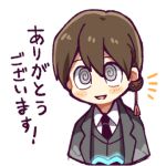  1boy @_@ black_necktie brown_hair collared_shirt commentary_request earrings employee_(lobotomy_corporation) eyebrows_hidden_by_hair grey_eyes grey_jacket grey_necktie hatake_shimeji jacket jewelry lobotomy_corporation lowres male_focus necktie no_nose notice_lines open_clothes open_jacket open_mouth project_moon shirt short_hair single_earring smile solo translation_request white_shirt 