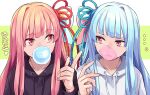  ... 2girls black_hoodie blue_hair blue_ribbon bubble_blowing chewing_gum closed_mouth english_text eye_contact food food_on_face furrowed_brow green_background hair_ribbon hand_up hood hood_down hoodie kotonoha_akane kotonoha_aoi long_hair long_sleeves looking_at_another looking_to_the_side multiple_girls pink_hair red_eyes red_ribbon ribbon side-by-side sidelocks toromera two-tone_background upper_body voiceroid white_background white_hoodie 