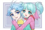  1boy 1girl :d antenna_hair aqua_eyes aqua_hair aqua_jacket blue_background blue_eyes blue_hair blunt_bangs border brother_and_sister fang hair_intakes hair_ribbon highres hug hug_from_behind jacket kumu_zaisheng looking_at_another lower_teeth_only nangong_wentian nangong_wenya outside_border parted_bangs pink_jacket pink_ribbon ribbon shenbing_xiaojiang shirt short_hair siblings skin_fang smile teeth twintails white_border yellow_shirt 