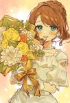  1girl aqua_eyes arm_cutout blush bouquet bow braid brown_hair camellia chamomile dress earrings flower gloves highres holding holding_bouquet jewelry mochizuki_honami necklace open_mouth orange_background orange_bow orange_flower orange_rose pearl_earrings pearl_necklace project_sekai rose short_sleeves sidelocks smile solo swept_bangs tonari_ni_tatsu_yasashii_anata_e_(project_sekai) uminokaisen upper_body white_dress white_flower white_gloves yellow_flower yellow_rose 