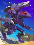  absurdres blue_sky cannon claws clear_sky commentary_request dust_cloud genesect highres insignia joints mechanization mountain no_humans non-humanoid_robot piston pokemon pokemon_(creature) red_eyes robot robot_joints sky standing team_plasma yunimaru 