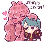  1boy 1girl aqua_hair black_jacket closed_eyes closed_mouth collared_shirt commentary_request employee_(lobotomy_corporation) frown fur-trimmed_jacket fur_trim hatake_shimeji heart jacket lobotomy_corporation lowres melting_love monster_girl no_nose open_mouth project_moon red_shirt shirt short_hair simple_background slime_girl smile translation_request white_background 
