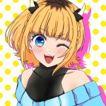  1girl :3 ;d bare_shoulders blonde_hair blue_eyes blue_sweater blunt_bangs blush braid commentary_request demon_horns dotted_background fake_horns fangs highres horns looking_at_viewer m_aoi_w medium_hair memcho no_pupils off-shoulder_sweater off_shoulder one_eye_closed open_mouth oshi_no_ko partial_commentary sidelocks signature smile solo sweater upper_body white_background 