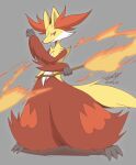  1girl animal_ear_fluff animal_ears black_fur burning closed_mouth dated delphox digitigrade fire fox_ears fox_tail furry furry_female grey_background hand_up highres holding holding_stick looking_at_viewer multicolored_fur orange_eyes orange_fur pokemon pokemon_(creature) red_fur red_nose shuu_come signature simple_background snout solo standing stick tail tsurime white_fur yellow_fur 